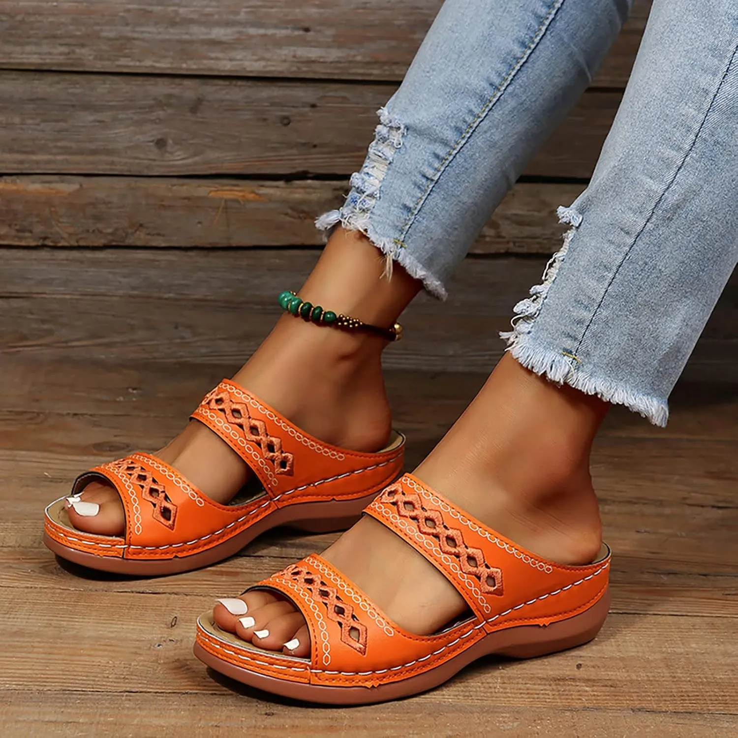 Women Wedge Platform Sandals Open Toe Slip On Boho Sandal Two Strap Summer Casual Slides Rubber Sole Beach Shoes