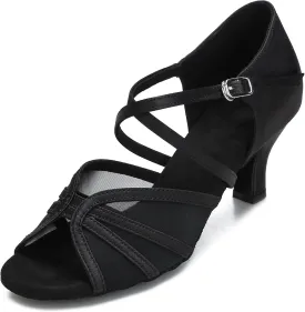 Women's Ballroom Dance Shoes Latin Salsa Dancing Shoes Cross Strap 2.5inch Heel 3inch Heel ZB04
