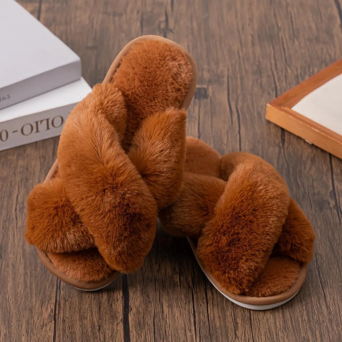 Womens Cross Band Slippers Cozy Furry Fuzzy House Slippers Open Toe Fluffy Indoor Shoes Outdoor Slip on Warm Breathable Anti-skid Sole