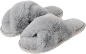 Womens Cross Band Slippers Cozy Furry Fuzzy House Slippers Open Toe Fluffy Indoor Shoes Outdoor Slip on Warm Breathable Anti-skid Sole