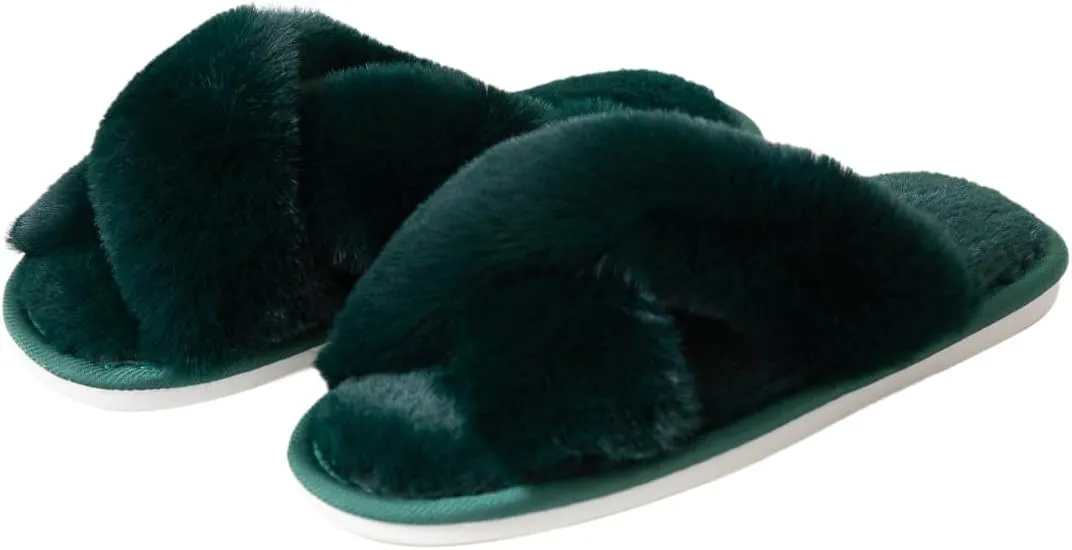 Womens Cross Band Slippers Cozy Furry Fuzzy House Slippers Open Toe Fluffy Indoor Shoes Outdoor Slip on Warm Breathable Anti-skid Sole