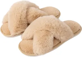 Womens Cross Band Slippers Cozy Furry Fuzzy House Slippers Open Toe Fluffy Indoor Shoes Outdoor Slip on Warm Breathable Anti-skid Sole