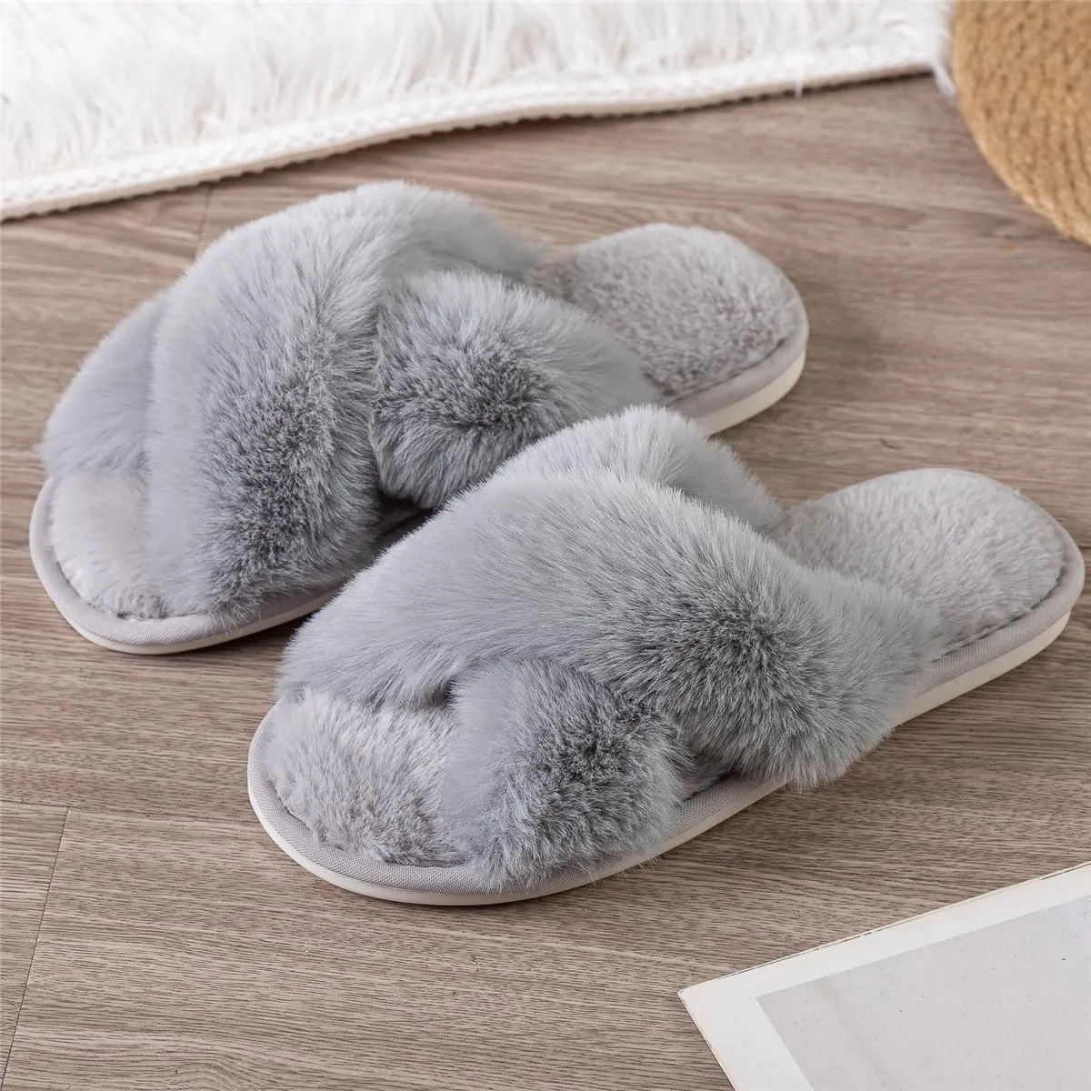 Womens Cross Band Slippers Cozy Furry Fuzzy House Slippers Open Toe Fluffy Indoor Shoes Outdoor Slip on Warm Breathable Anti-skid Sole