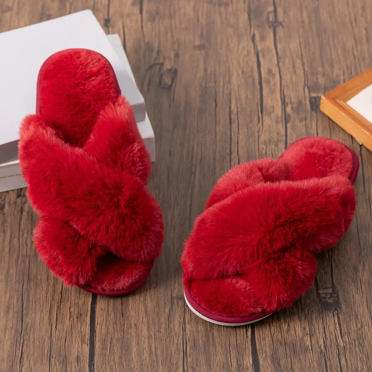 Womens Cross Band Slippers Cozy Furry Fuzzy House Slippers Open Toe Fluffy Indoor Shoes Outdoor Slip on Warm Breathable Anti-skid Sole