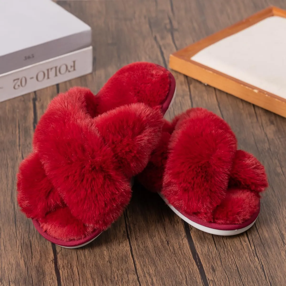 Womens Cross Band Slippers Cozy Furry Fuzzy House Slippers Open Toe Fluffy Indoor Shoes Outdoor Slip on Warm Breathable Anti-skid Sole