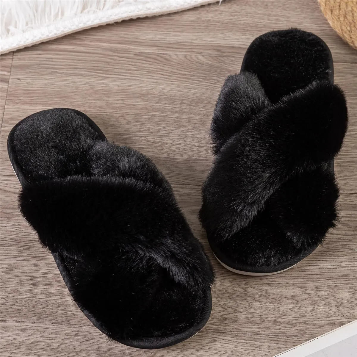 Womens Cross Band Slippers Cozy Furry Fuzzy House Slippers Open Toe Fluffy Indoor Shoes Outdoor Slip on Warm Breathable Anti-skid Sole