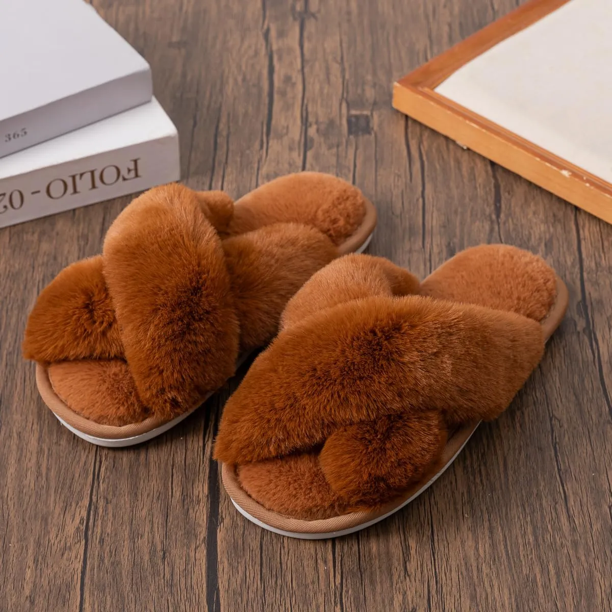 Womens Cross Band Slippers Cozy Furry Fuzzy House Slippers Open Toe Fluffy Indoor Shoes Outdoor Slip on Warm Breathable Anti-skid Sole