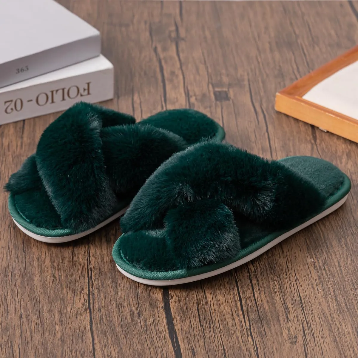Womens Cross Band Slippers Cozy Furry Fuzzy House Slippers Open Toe Fluffy Indoor Shoes Outdoor Slip on Warm Breathable Anti-skid Sole