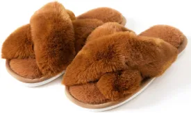 Womens Cross Band Slippers Cozy Furry Fuzzy House Slippers Open Toe Fluffy Indoor Shoes Outdoor Slip on Warm Breathable Anti-skid Sole