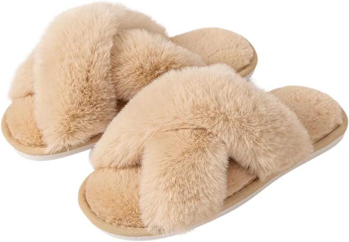 Womens Cross Band Slippers Cozy Furry Fuzzy House Slippers Open Toe Fluffy Indoor Shoes Outdoor Slip on Warm Breathable Anti-skid Sole