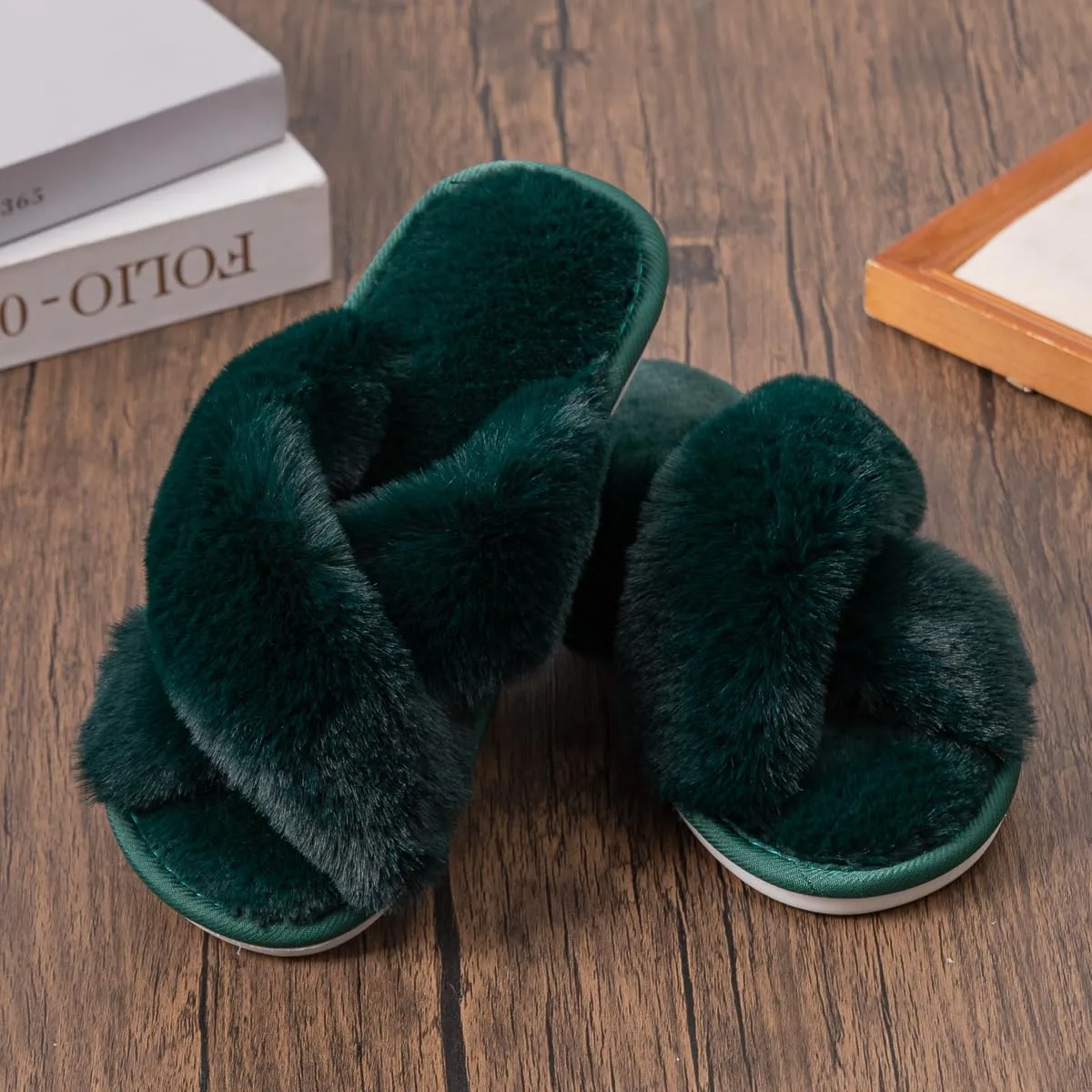 Womens Cross Band Slippers Cozy Furry Fuzzy House Slippers Open Toe Fluffy Indoor Shoes Outdoor Slip on Warm Breathable Anti-skid Sole