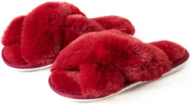 Womens Cross Band Slippers Cozy Furry Fuzzy House Slippers Open Toe Fluffy Indoor Shoes Outdoor Slip on Warm Breathable Anti-skid Sole