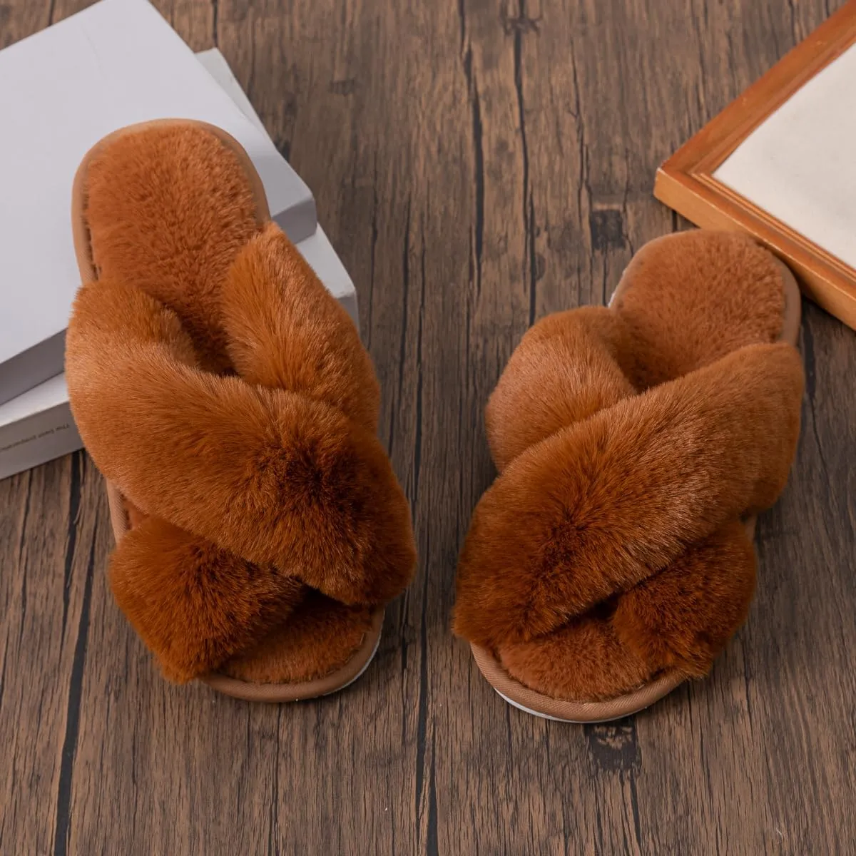 Womens Cross Band Slippers Cozy Furry Fuzzy House Slippers Open Toe Fluffy Indoor Shoes Outdoor Slip on Warm Breathable Anti-skid Sole