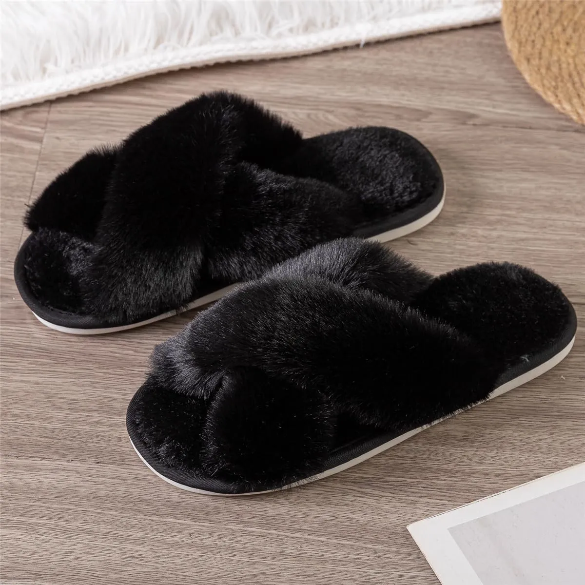 Womens Cross Band Slippers Cozy Furry Fuzzy House Slippers Open Toe Fluffy Indoor Shoes Outdoor Slip on Warm Breathable Anti-skid Sole