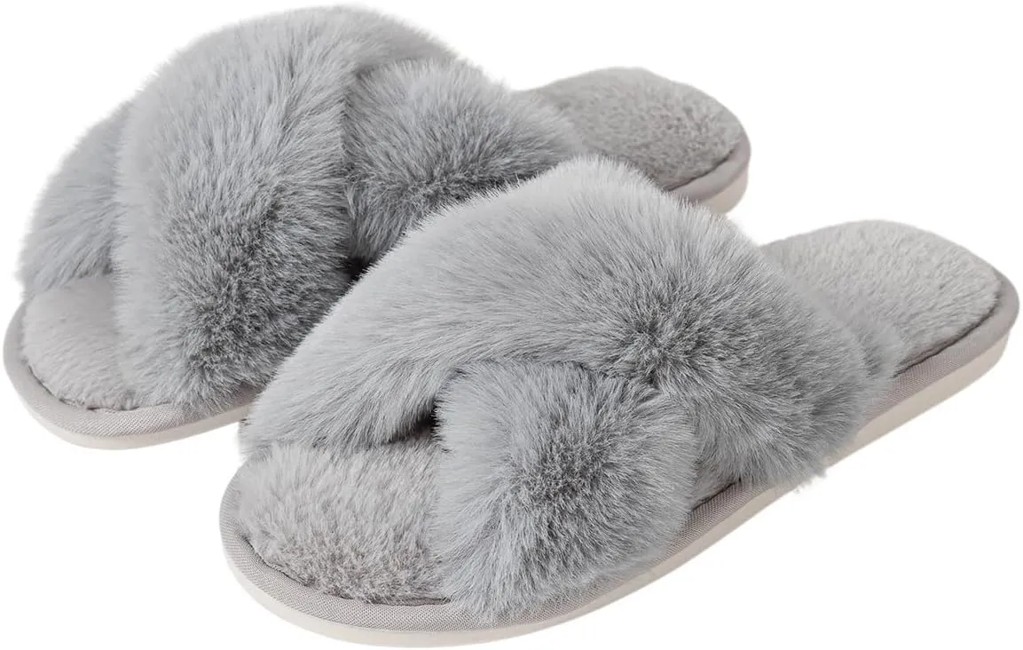 Womens Cross Band Slippers Cozy Furry Fuzzy House Slippers Open Toe Fluffy Indoor Shoes Outdoor Slip on Warm Breathable Anti-skid Sole