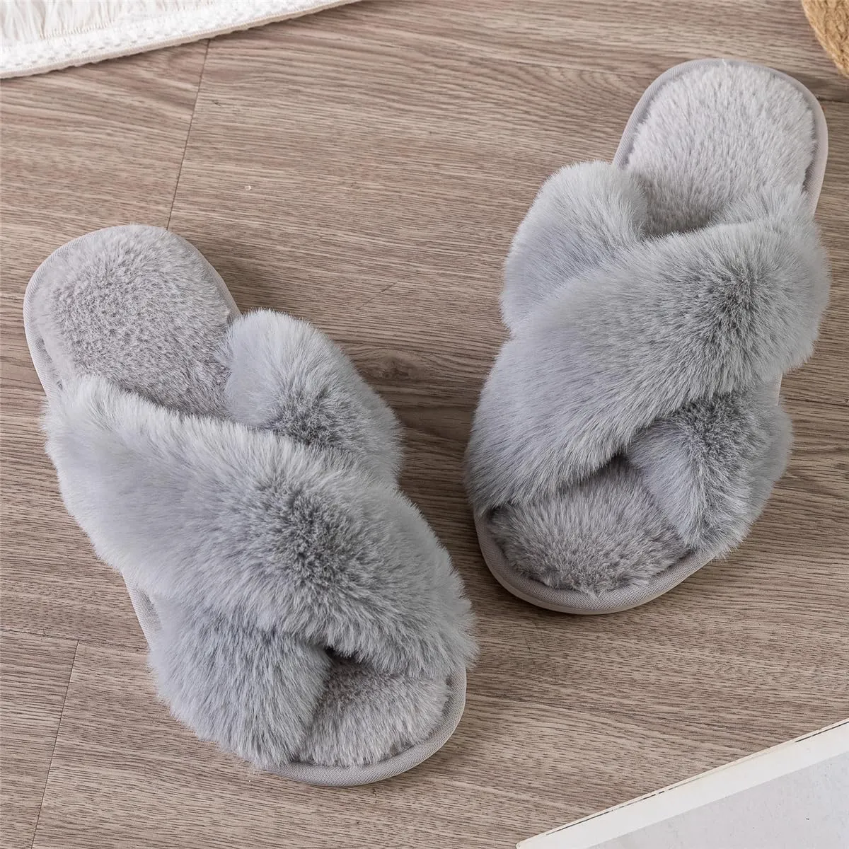 Womens Cross Band Slippers Cozy Furry Fuzzy House Slippers Open Toe Fluffy Indoor Shoes Outdoor Slip on Warm Breathable Anti-skid Sole