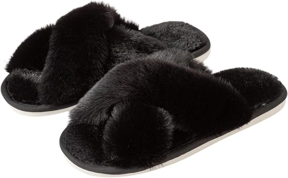 Womens Cross Band Slippers Cozy Furry Fuzzy House Slippers Open Toe Fluffy Indoor Shoes Outdoor Slip on Warm Breathable Anti-skid Sole