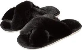 Womens Cross Band Slippers Cozy Furry Fuzzy House Slippers Open Toe Fluffy Indoor Shoes Outdoor Slip on Warm Breathable Anti-skid Sole