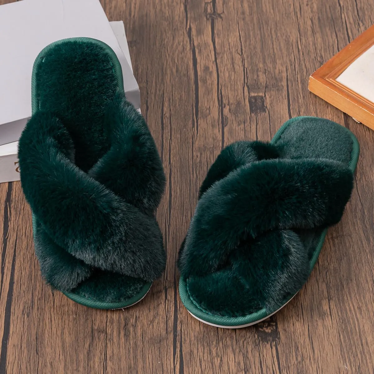 Womens Cross Band Slippers Cozy Furry Fuzzy House Slippers Open Toe Fluffy Indoor Shoes Outdoor Slip on Warm Breathable Anti-skid Sole