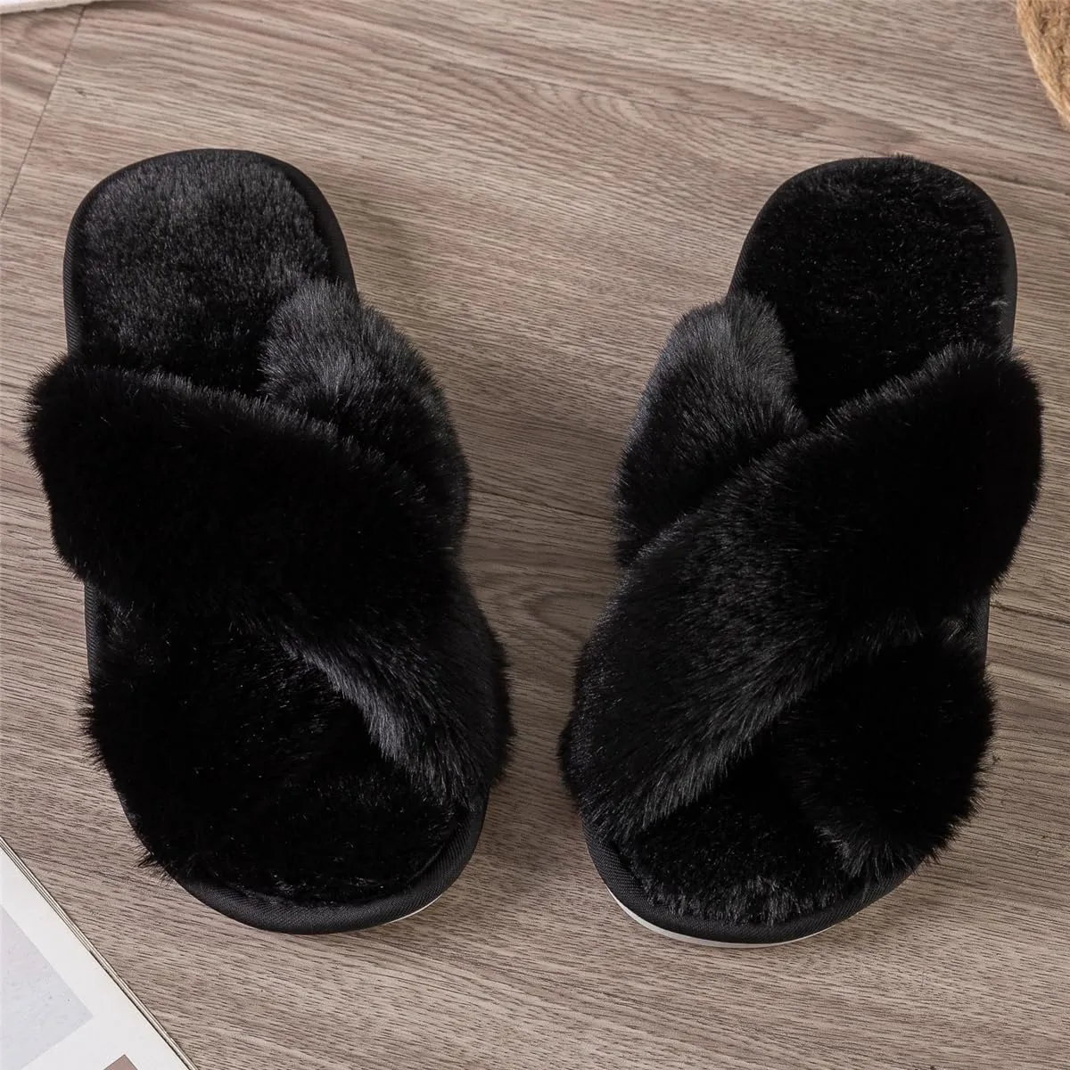 Womens Cross Band Slippers Cozy Furry Fuzzy House Slippers Open Toe Fluffy Indoor Shoes Outdoor Slip on Warm Breathable Anti-skid Sole