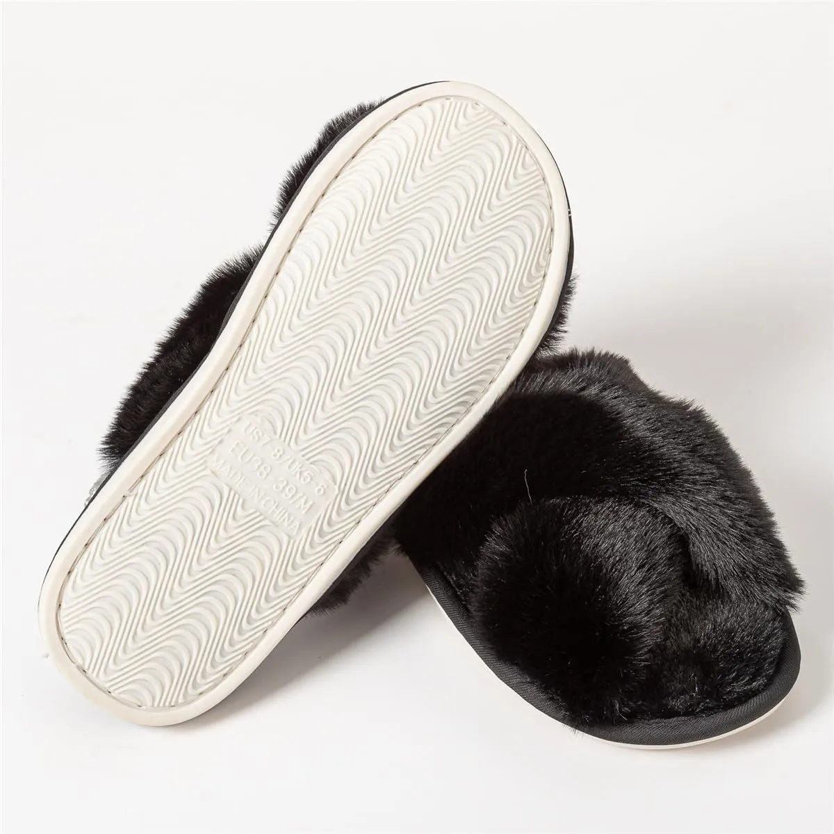 Womens Cross Band Slippers Cozy Furry Fuzzy House Slippers Open Toe Fluffy Indoor Shoes Outdoor Slip on Warm Breathable Anti-skid Sole