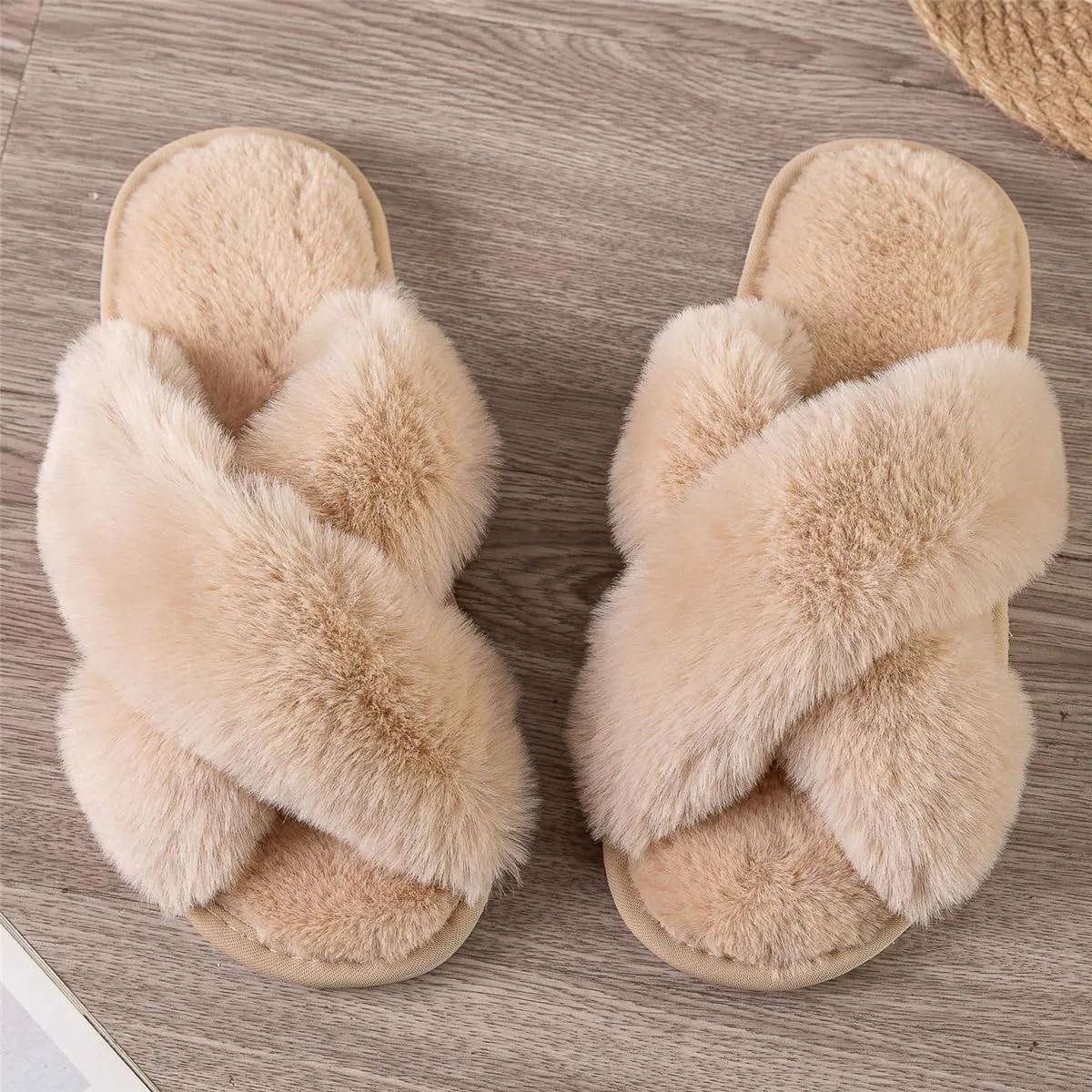 Womens Cross Band Slippers Cozy Furry Fuzzy House Slippers Open Toe Fluffy Indoor Shoes Outdoor Slip on Warm Breathable Anti-skid Sole