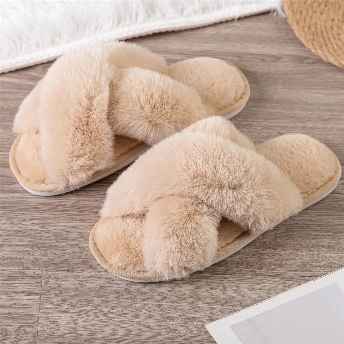 Womens Cross Band Slippers Cozy Furry Fuzzy House Slippers Open Toe Fluffy Indoor Shoes Outdoor Slip on Warm Breathable Anti-skid Sole