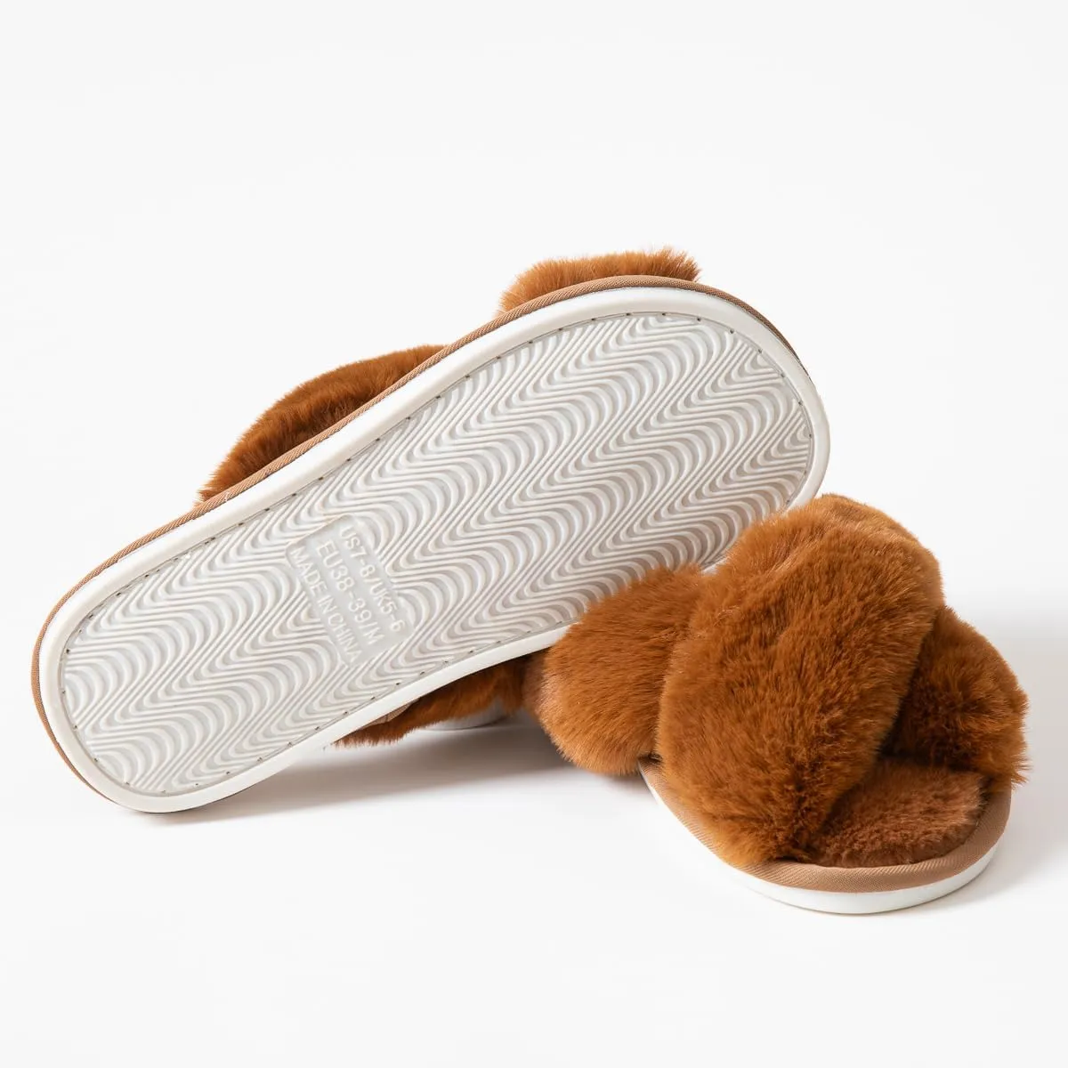 Womens Cross Band Slippers Cozy Furry Fuzzy House Slippers Open Toe Fluffy Indoor Shoes Outdoor Slip on Warm Breathable Anti-skid Sole