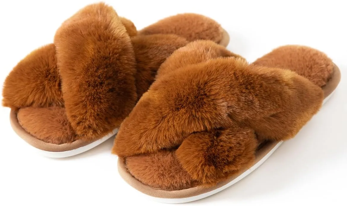 Womens Cross Band Slippers Cozy Furry Fuzzy House Slippers Open Toe Fluffy Indoor Shoes Outdoor Slip on Warm Breathable Anti-skid Sole
