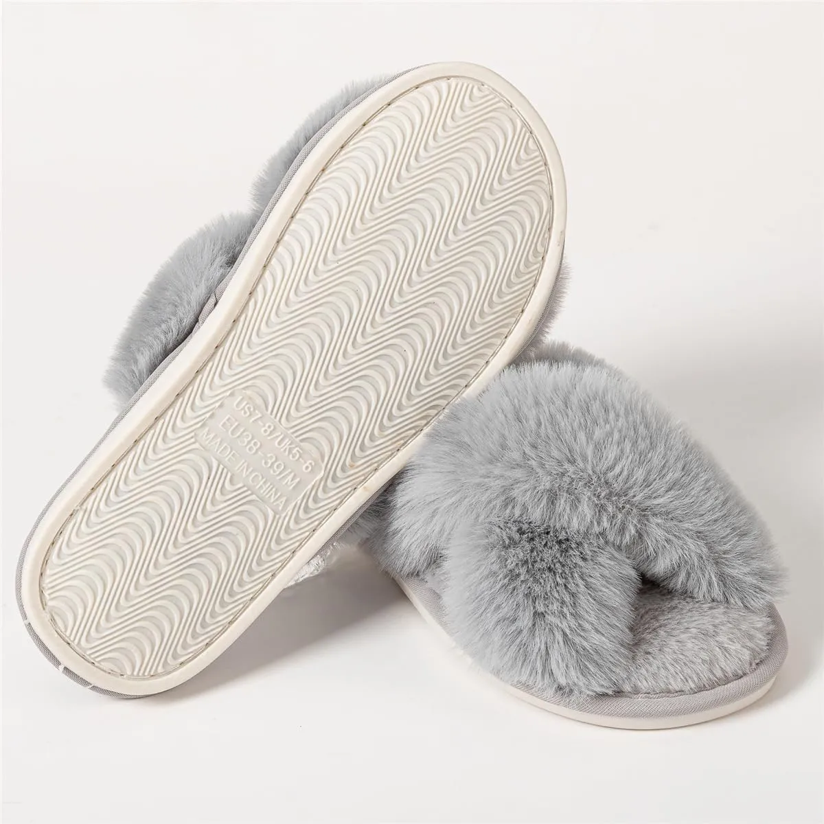 Womens Cross Band Slippers Cozy Furry Fuzzy House Slippers Open Toe Fluffy Indoor Shoes Outdoor Slip on Warm Breathable Anti-skid Sole