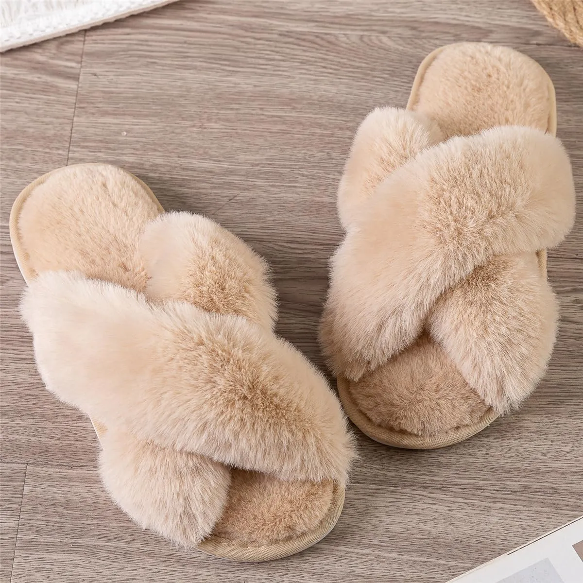 Womens Cross Band Slippers Cozy Furry Fuzzy House Slippers Open Toe Fluffy Indoor Shoes Outdoor Slip on Warm Breathable Anti-skid Sole