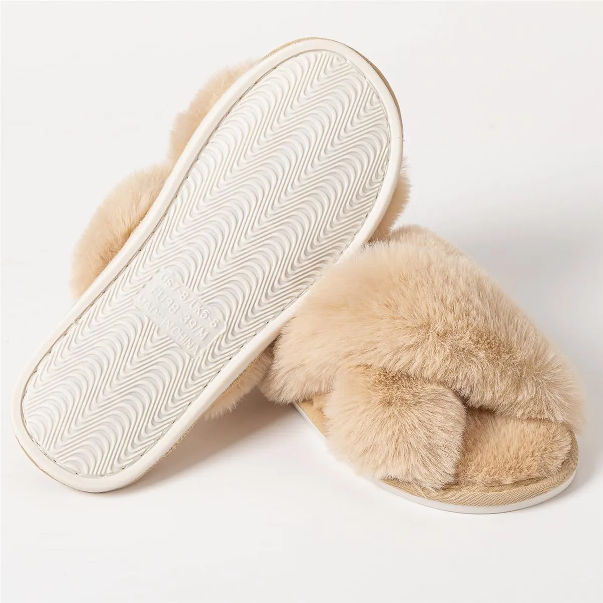 Womens Cross Band Slippers Cozy Furry Fuzzy House Slippers Open Toe Fluffy Indoor Shoes Outdoor Slip on Warm Breathable Anti-skid Sole