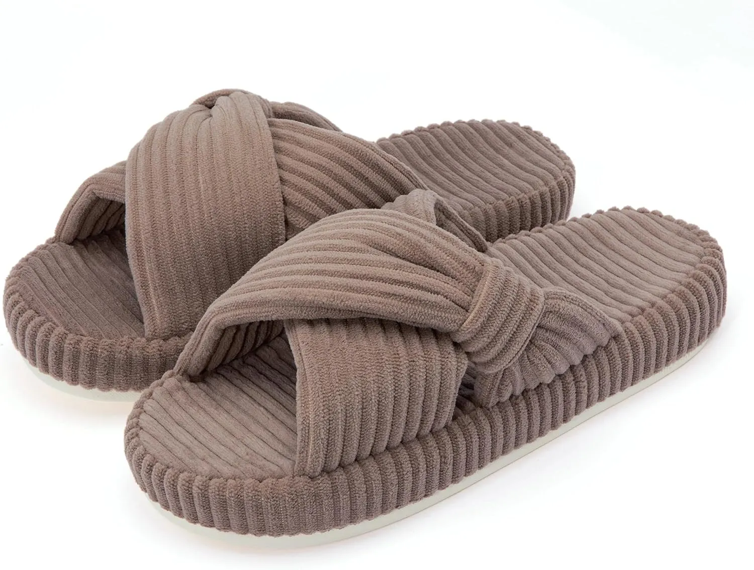 Women's House Slippers Corduroy Indoor Slippers Memory Foam Bedroom Open Toe Slippers Cross Band House Shoes