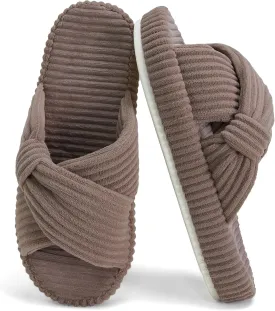 Women's House Slippers Corduroy Indoor Slippers Memory Foam Bedroom Open Toe Slippers Cross Band House Shoes